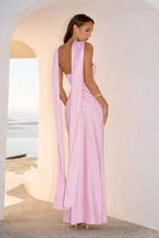 Vestido Maxi Satinado Sin Tirantes Con Escote Curvo